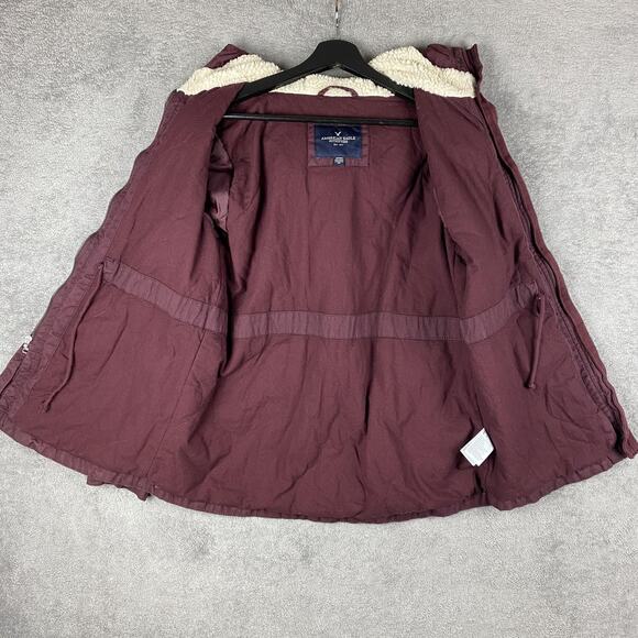 American Eagle Jacket Womens Small Burgundy Hooded Parka Utility Pockets Sherpa - Picture 11 of 16